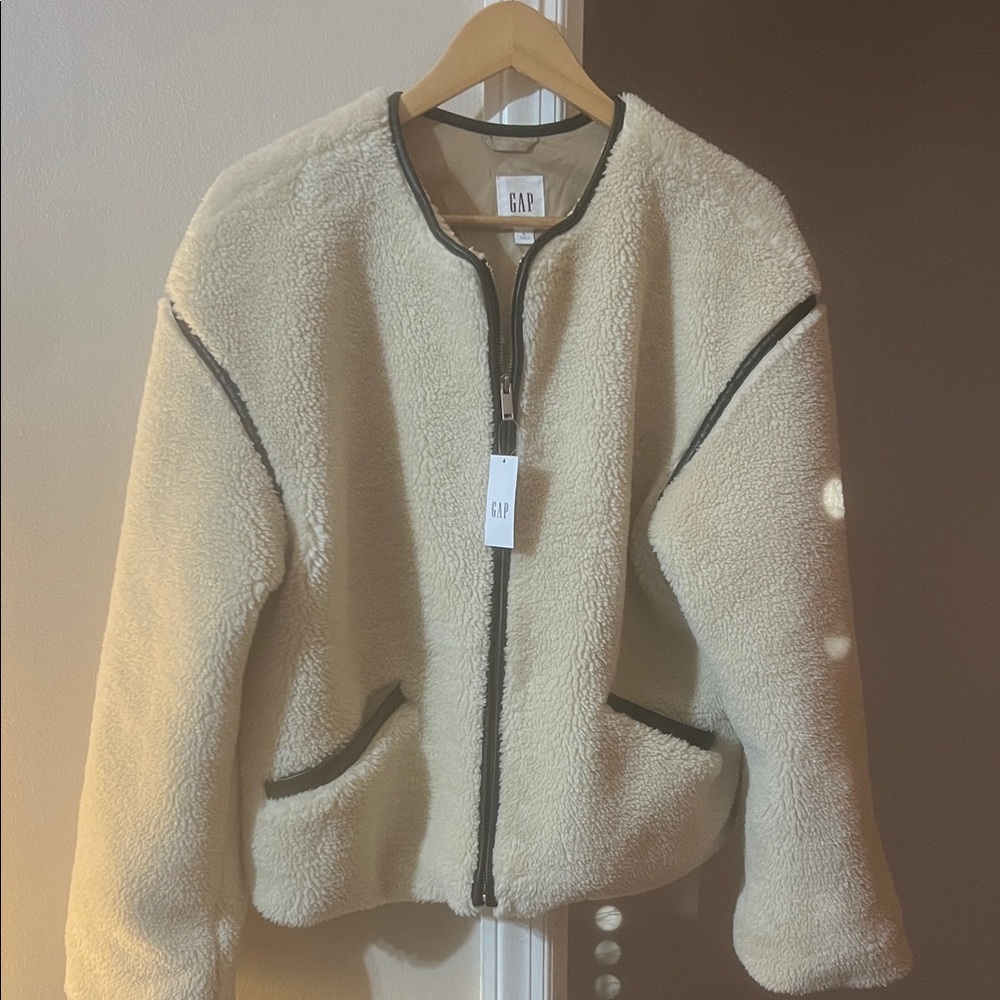 GAP Cream Sherpa Jacket with Dark Trim Accents